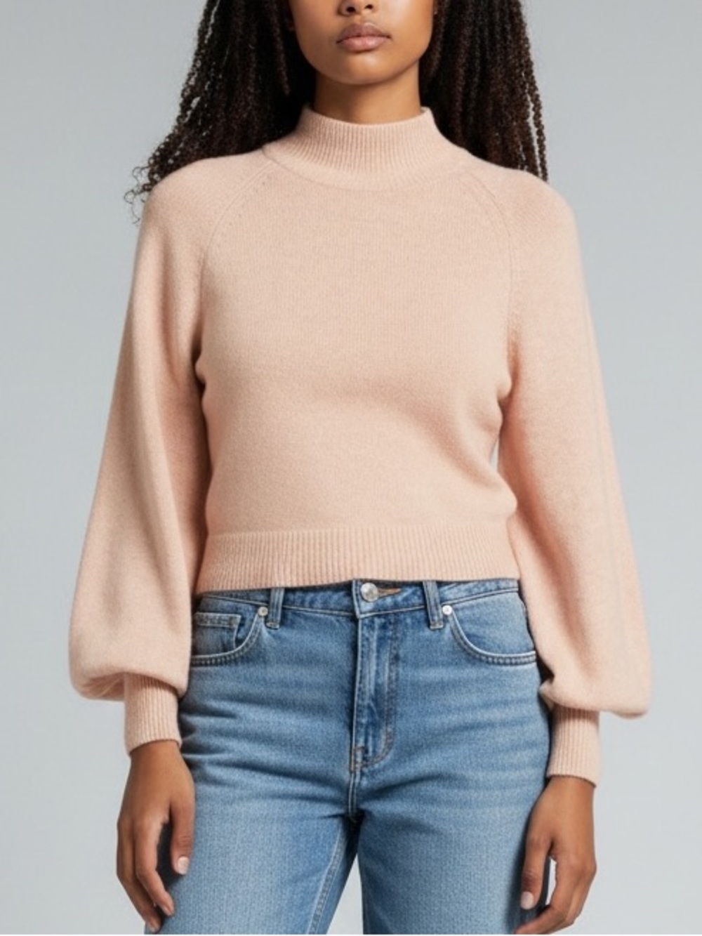 BCBGMAXAZRIA Women L Bare Pink Cropped Mock Neck Balloon Sleeve Knit Sweater NWT